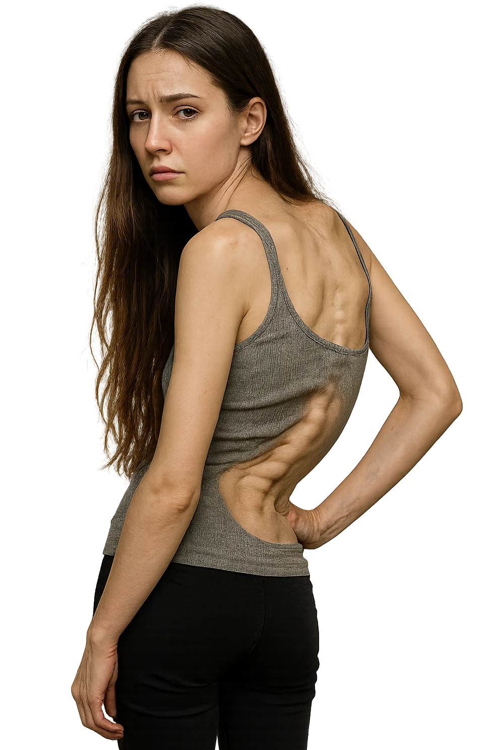 fai immagine identica ma di una donna con capelli lunghi, iperrealistico 4k, postura storta con spina dorsale storta emoji