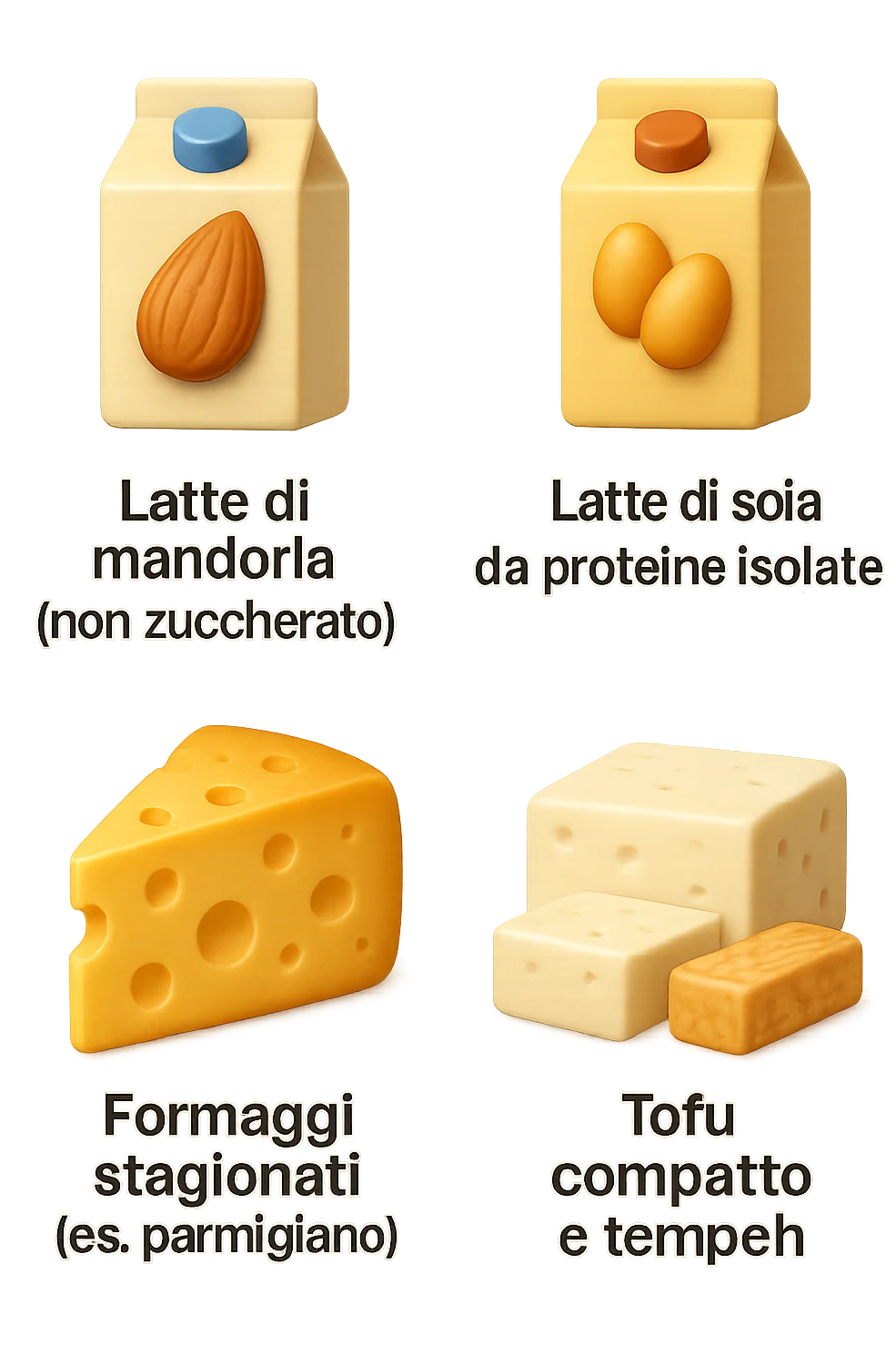emoji stile iphone 3d di Latte e yogurt delattosati in italiano
Latte di mandorla (non zuccherato)
Latte di soia da proteine isolate
Formaggi stagionati (es. parmigiano)
Tofu compatto e tempeh
 che fluttuano in aria, iperealistico 4k emoji