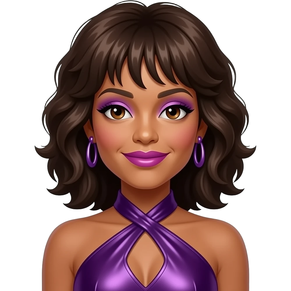 Whitney Houston with dark brown eyes, dark brown 90s hair, lilac eyeshadow, hot pink lipstick, dark purple metallic halter dress, lilac earrings emoji