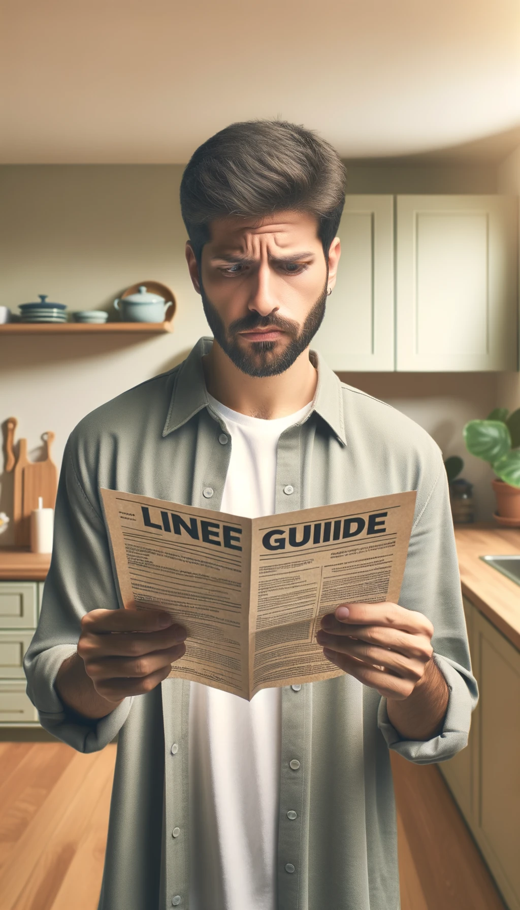 UOMO che legge DUBBIOSO un foglio con la scritta "LINEE GUIDA" IN ITALIANO, sullo sfondo la sua cucina sfocata con toni chiari neutri, iperrealistico 4k emoji