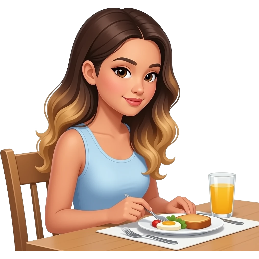 Beautiful Filipino girl beautiful eyes with long wavy hair balayage eating breakfast side view looking down at emoji