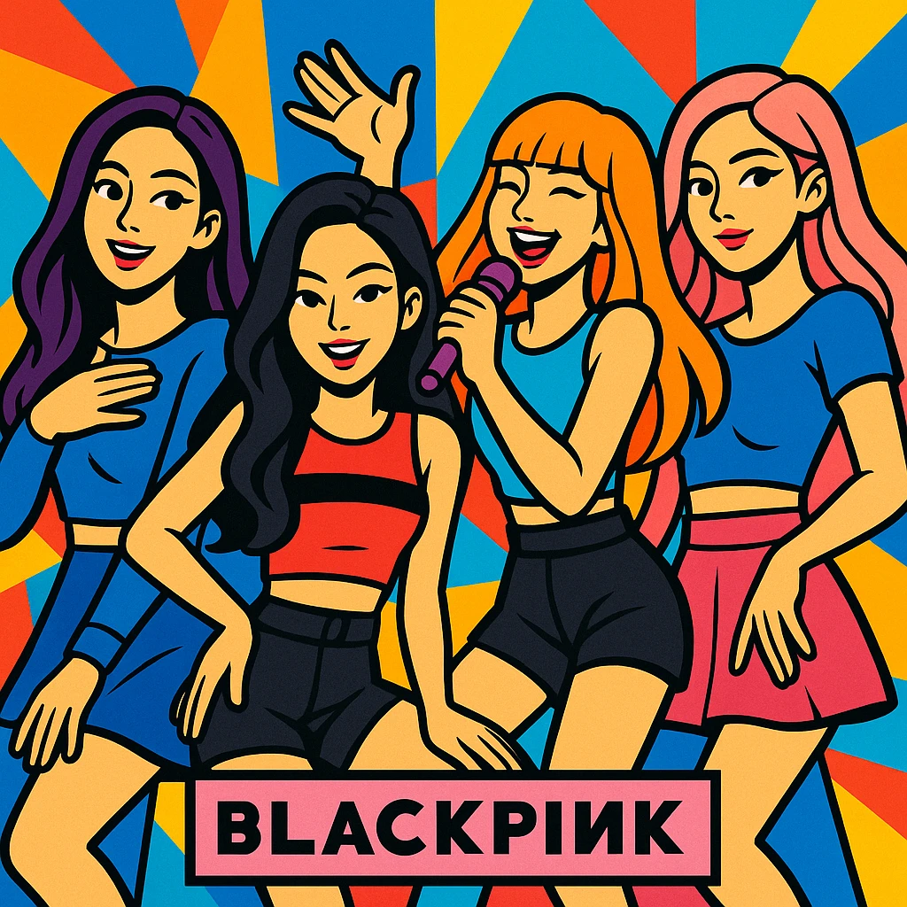 Blackpink K-pop group, stylized group portrait, vibrant, energetic, modern pop art style emoji