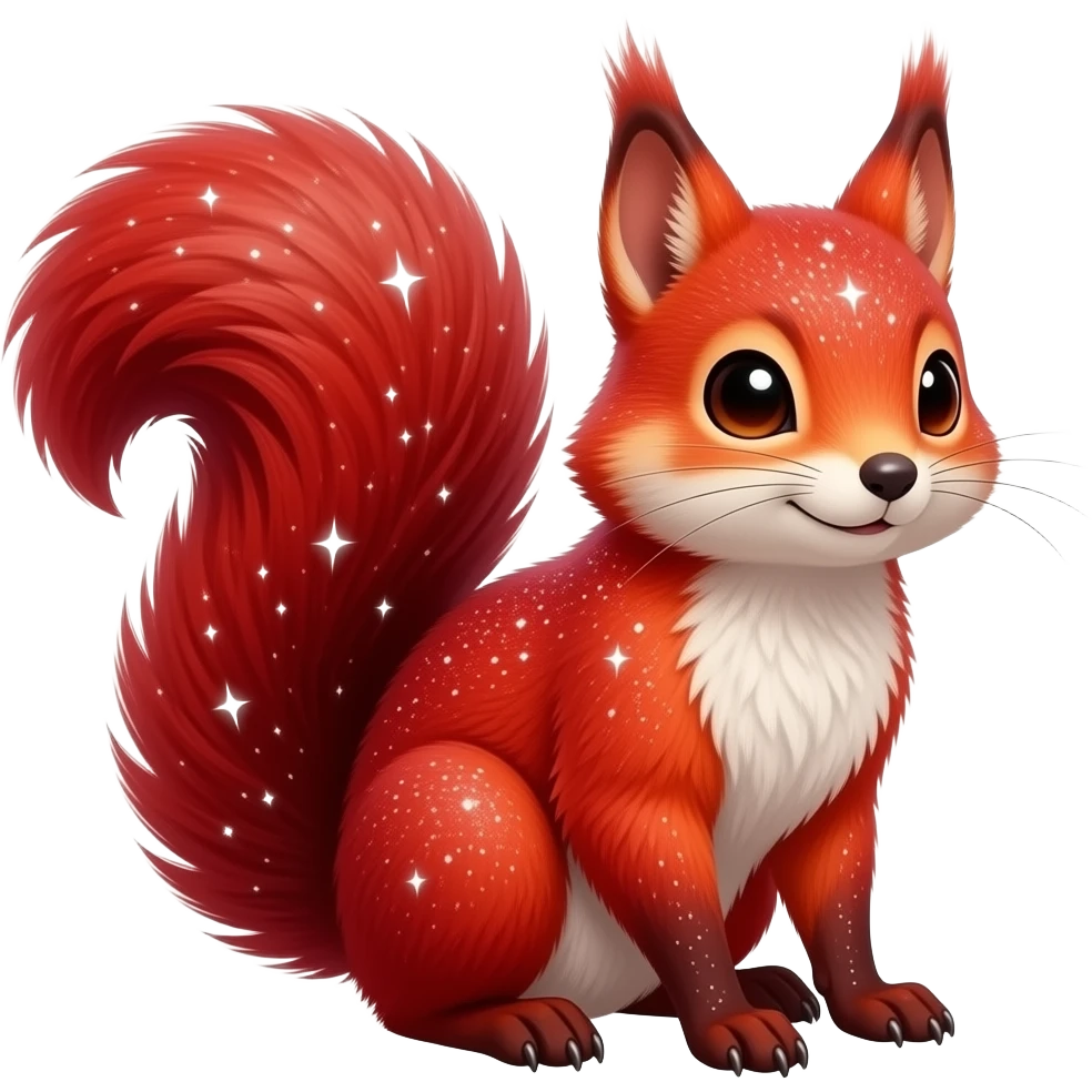 Hyper realistic fire red velvet fur soaked in starlight glitter and shadow gradients beautiful elegant cute Fakémon-Pokémon-squirrel-fox-mouse-rat-chinchilla-Furret emoji