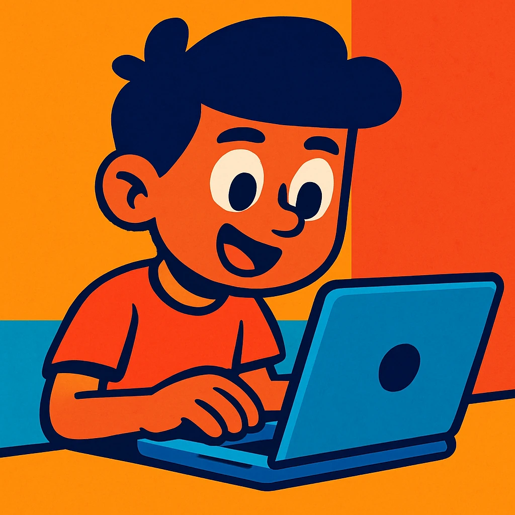 a boy using a laptop, vibrant cartoon style emoji