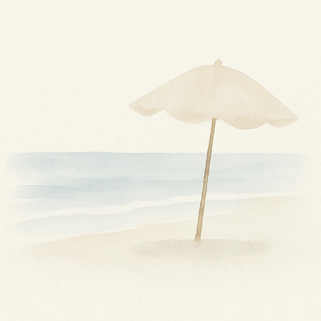 vacaciones en la playa, colores suaves, mar, arena, sombrilla, sensación relajante, estilo acuarela emoji