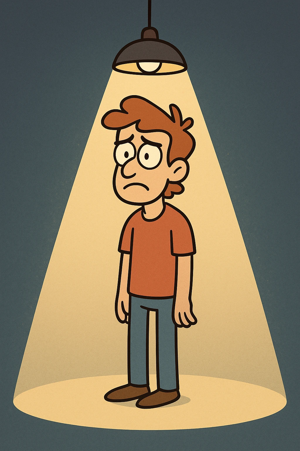 Illustration einer Person, die von einer Deckenlampe angestrahlt wird, Lichtkegel fällt auf sie, klare Konturen, dezenter Hintergrund emoji