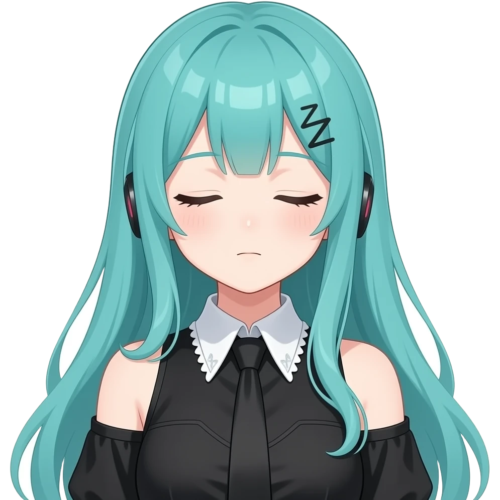 anime girl, sleepy, sleep zzzs, long flowing teal hair, grey eyes, black shoulder cyberpunk blouse with fancy white collar emoji