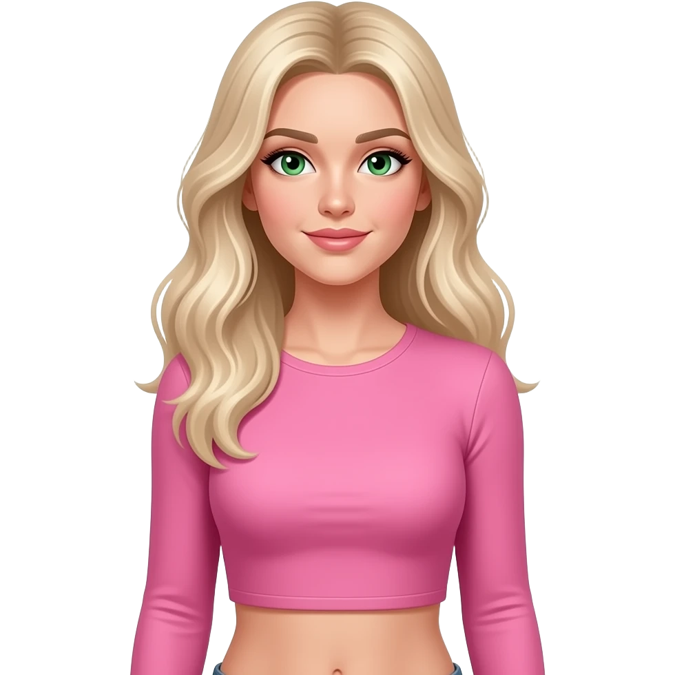 White Blonde girl with long hairs, green eyes wearing long sleeves crop top and pink midroff emoji