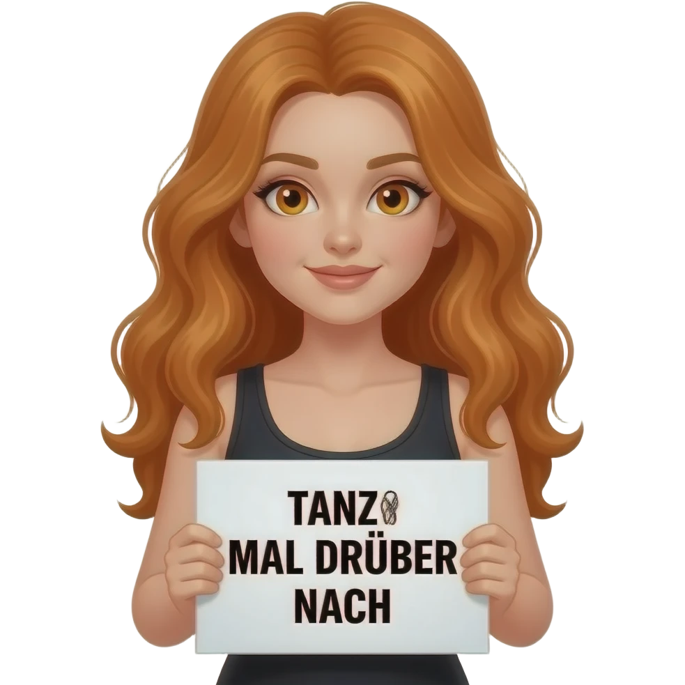 sexy girl with long wavy ginger hair and ginger eyes wearing a black tanktop is holding a white colored sign with TANZ MAL DRÜBER NACH written on it emoji