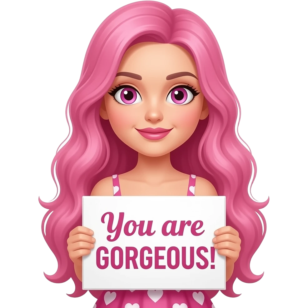 sexy girl with long pink hair and pink eyes wearing a dress holding a You are GORGEOUS! sign emoji