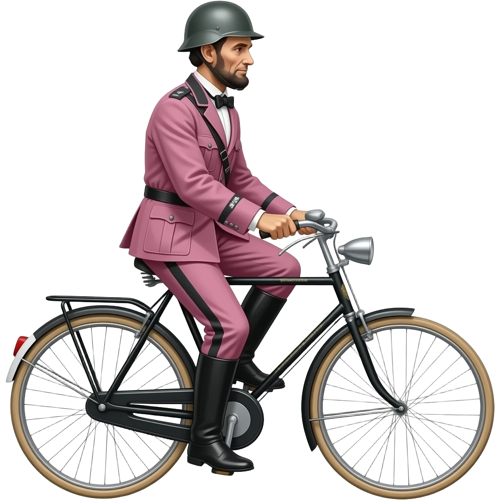 cinematic - Abraham Lincoln in a pink German World War II uniform with a helmet rides a historic bicycle emoji