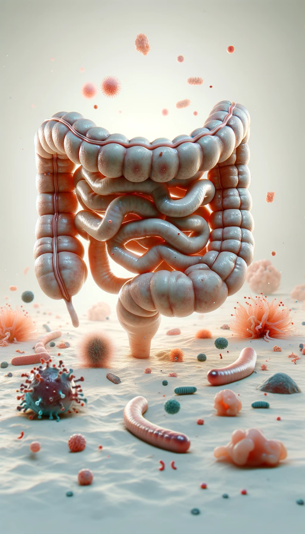 intestino umano realistico con batteri e parassiti che gli fluttuano intorno, sfondo chiaro, iperrealistico 4k emoji