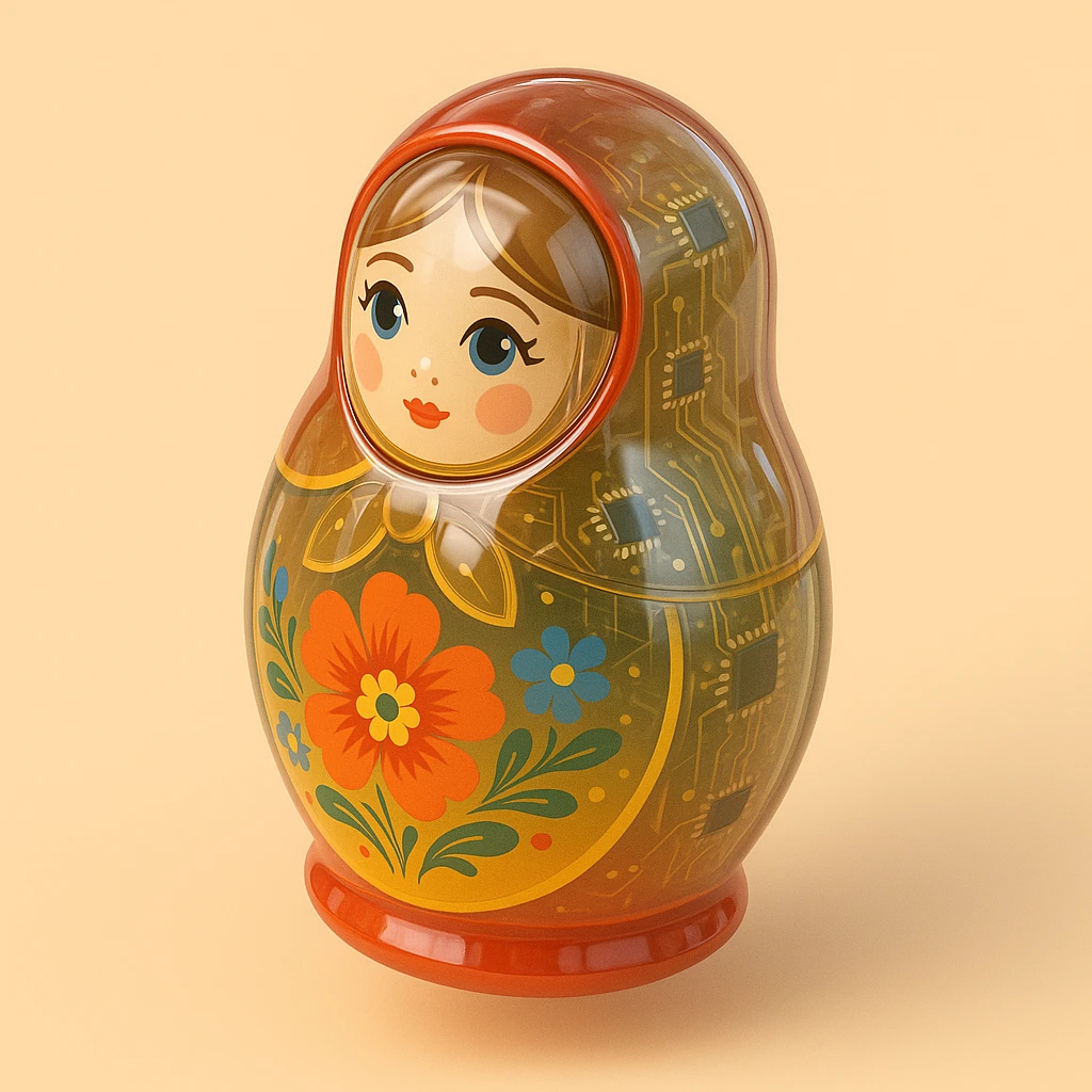 Matryoshka doll, vibrant colors, traditional Russian nesting doll design, intricate patterns, colorful floral motifs, glossy finish, first doll in a set emoji