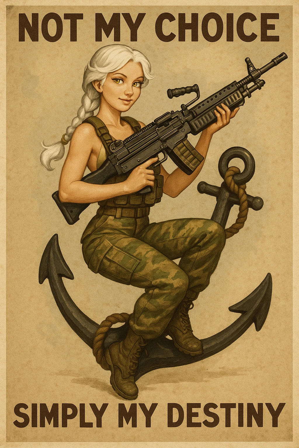 a retro military pinup " not my choice, simply my destiny "
; female figure young,gorgeous, white hair 1 braid, gold yellow eyes, riding side-saddle on a massive anchor , with a massive LMG 249,  wearing a swimsuit and bdu bottom with plate-carrier emoji