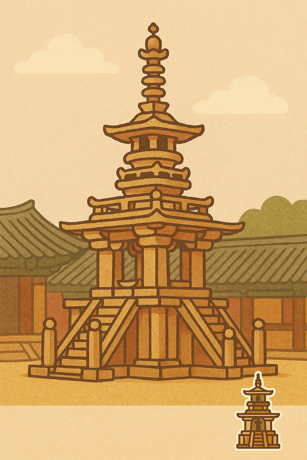 symbolic emoji of Bulguksa Dabotap pagoda, delicate stone pagoda structure and stairs, traditional Korean temple atmosphere, simple and recognizable form, bright and warm colors emoji