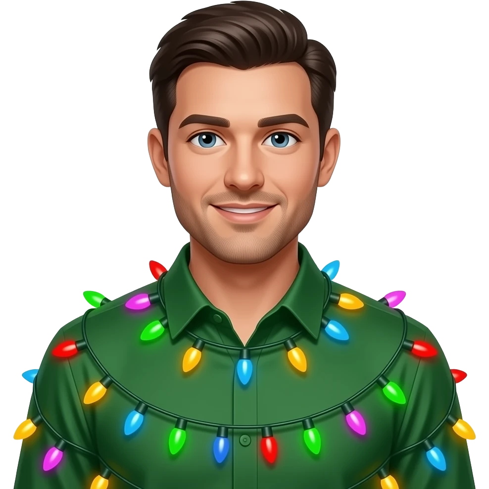 man wear christams dress with green shirt and add multi colors of christamazs light in his shirt emoji