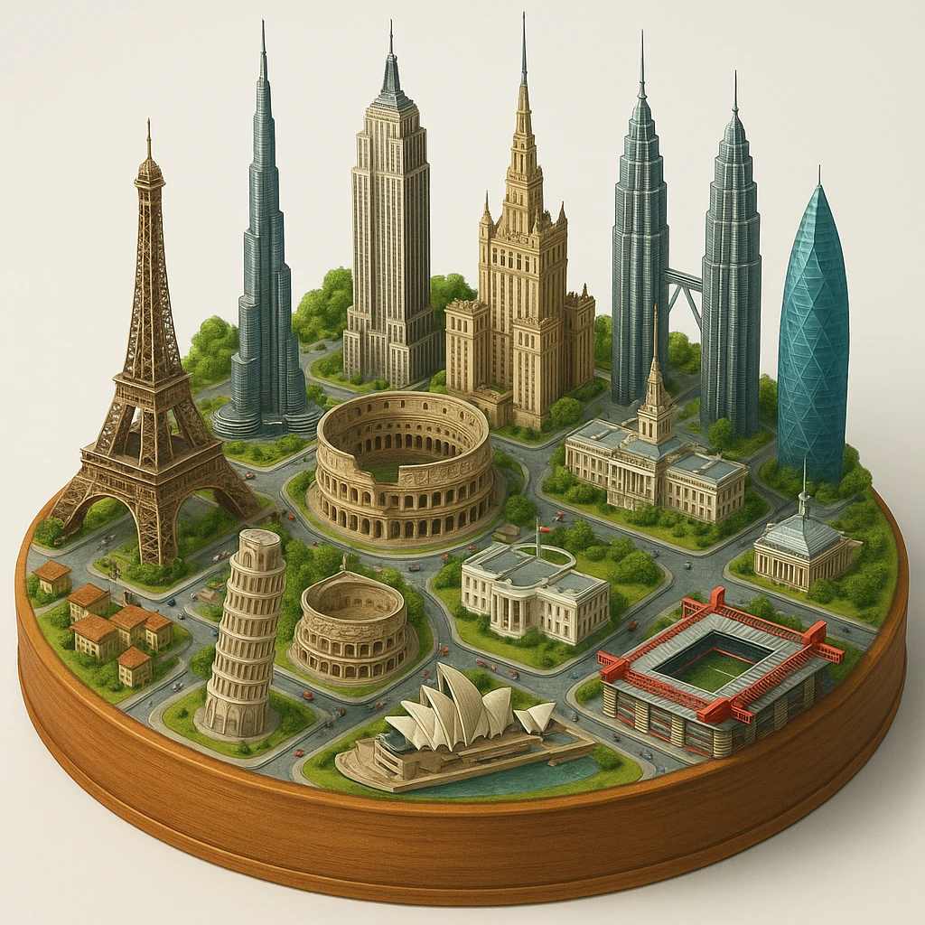 Оставь основу картинки - деревянную подставку, но при этом сгенерируй изометричную, яркая, детализированную и фотореалистичную модель где будет самые узнаваемые здания мира - Эмпайр Стейт Билдинг, Эйфелева башня, Колизей, Сиднейская опера, стадион Сан-Сиро, Белый Дом Пизанская башня, здание МГУ, Бурдж-Халифа, Башни Петронас, Небоскрёб Фостера в Лондоне, Рейхстаг, Тайбэй. Здания не должны повторять и должны быть на картинке в единственном экземпляре emoji