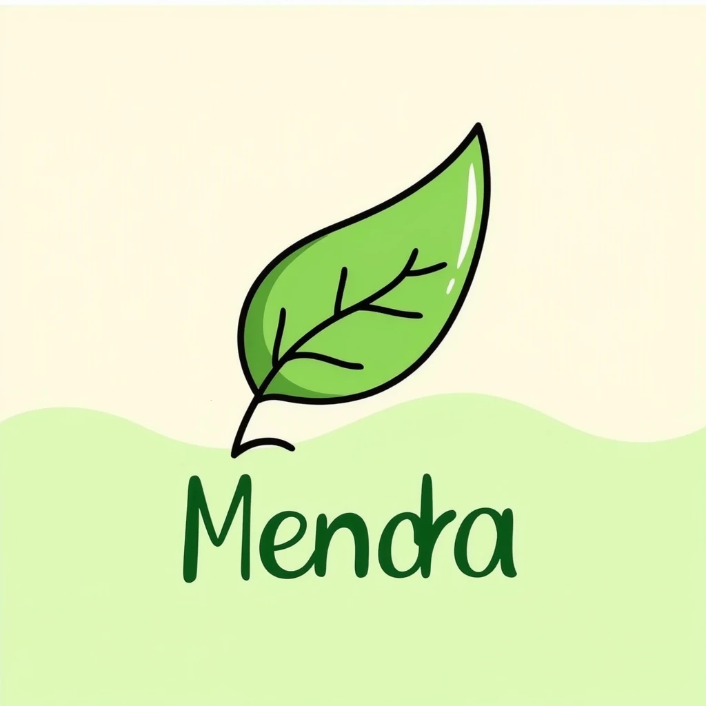 Mendra logo: stylized leaf with flowing green lines, upward curve for vitality. 'Mendra' in modern sans-serif, vibrant green tones. Background is a soft gradient of light beige and pale green, Notion black doodle style. emoji