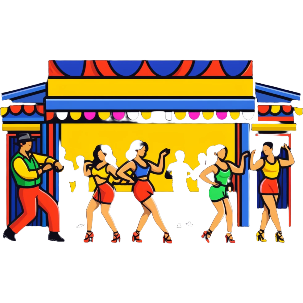Colombian salsa night club with dancers, live band, and festive lights emoji