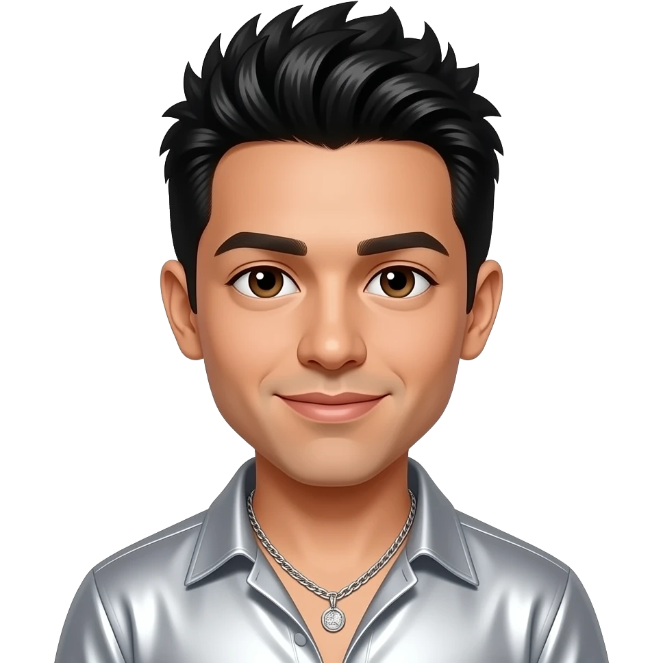 Erik-Michael Estrada from O-Town with dark brown eyes, black 2000s spiky hair, silver metallic shirt, necklace emoji