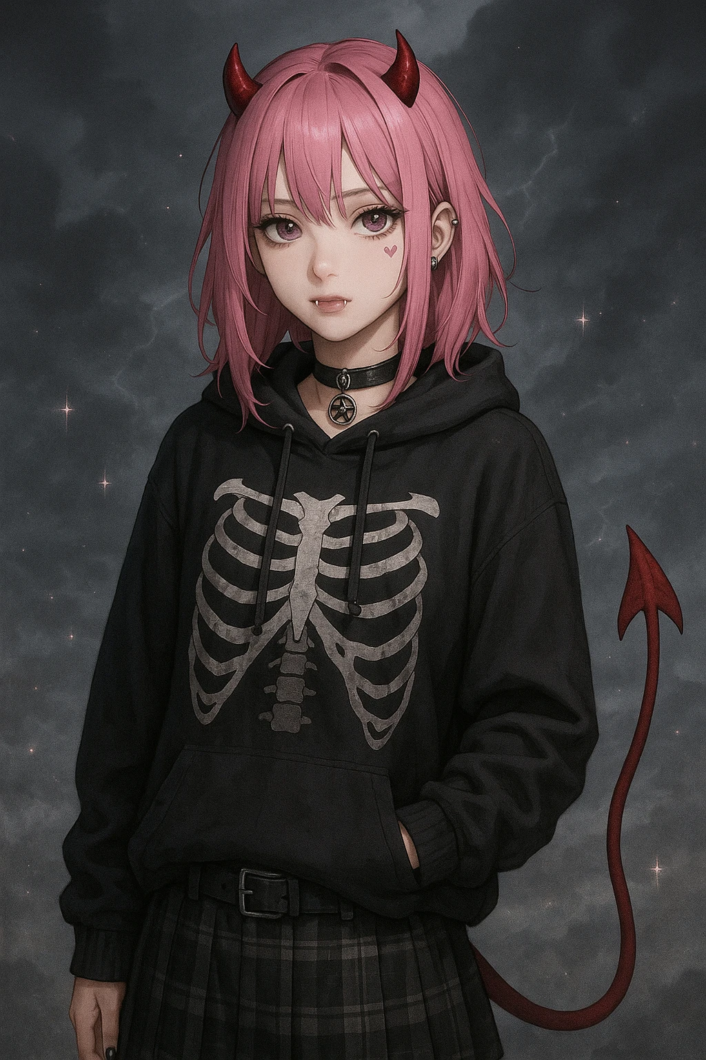 Transform the character into a devilish version with small red horns, a pointed tail, and subtle fangs. Keep the heart tattoo under her left eye, modern streetwear outfit, emo style, pink hair, dark magical accessory, sparkles, stormy background, and normal face. Render in a realistic anime style. emoji