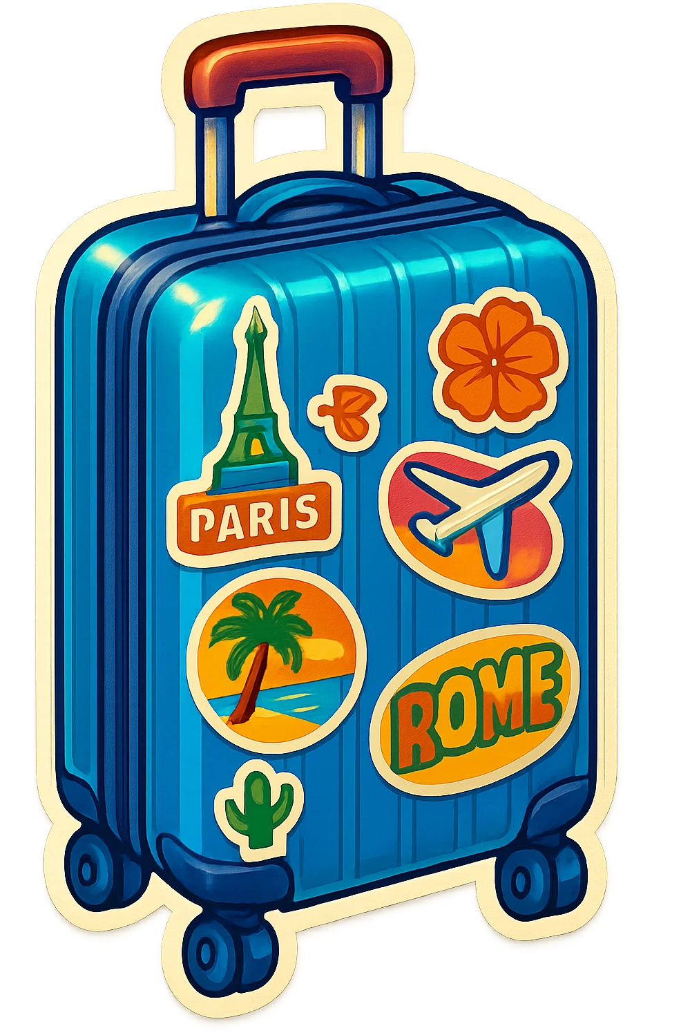 ribbed suitcase with wheels and handle, covered in bright travel stickers, drawn at three-quarter view, retro sticker style with color, strong contours, sharp color transitions for shadows and highlights, no soft blending emoji
