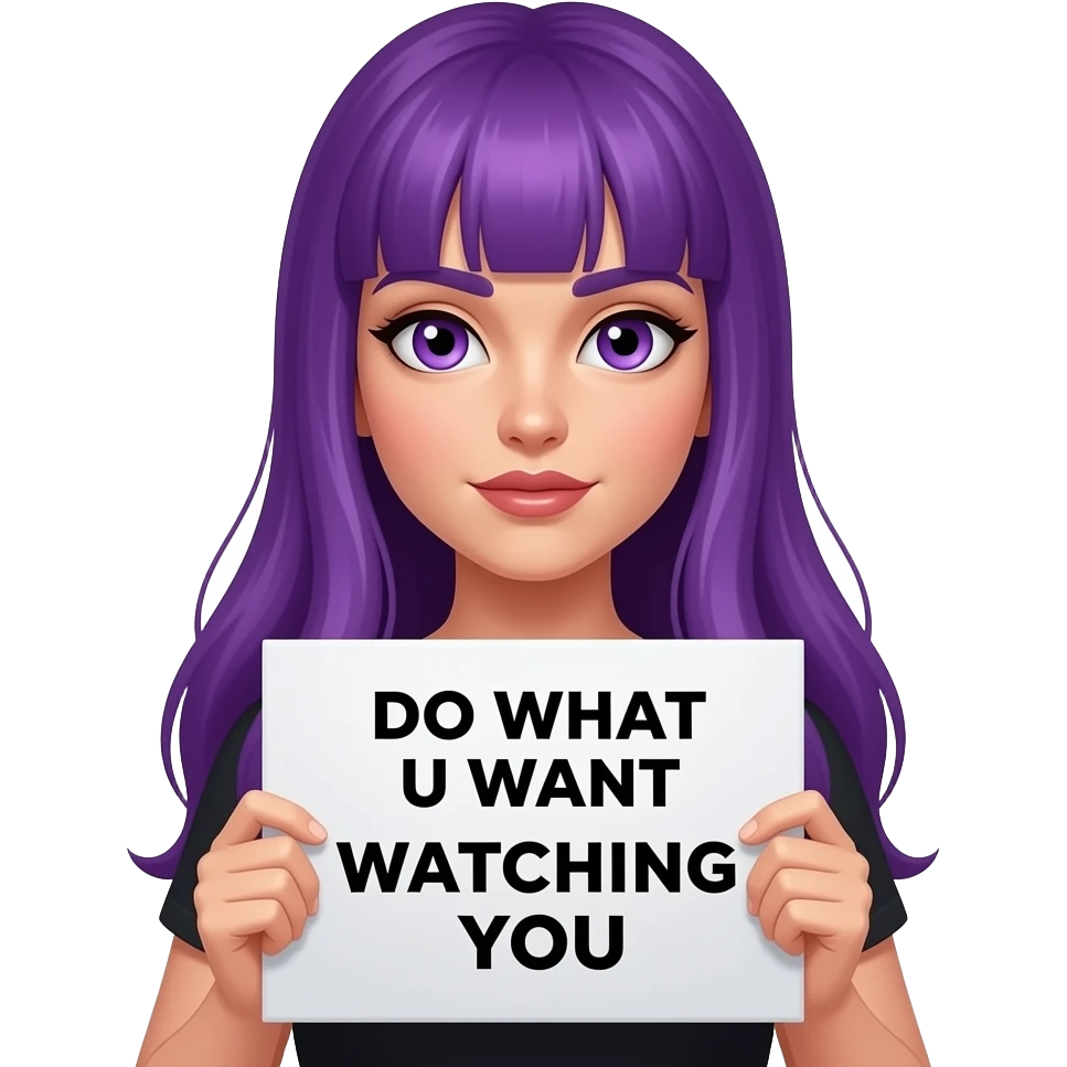 sexy girl with long purple hair and purple eyes holding a DO WHAT U WANT while I keep silently WATCHING YOU sign emoji