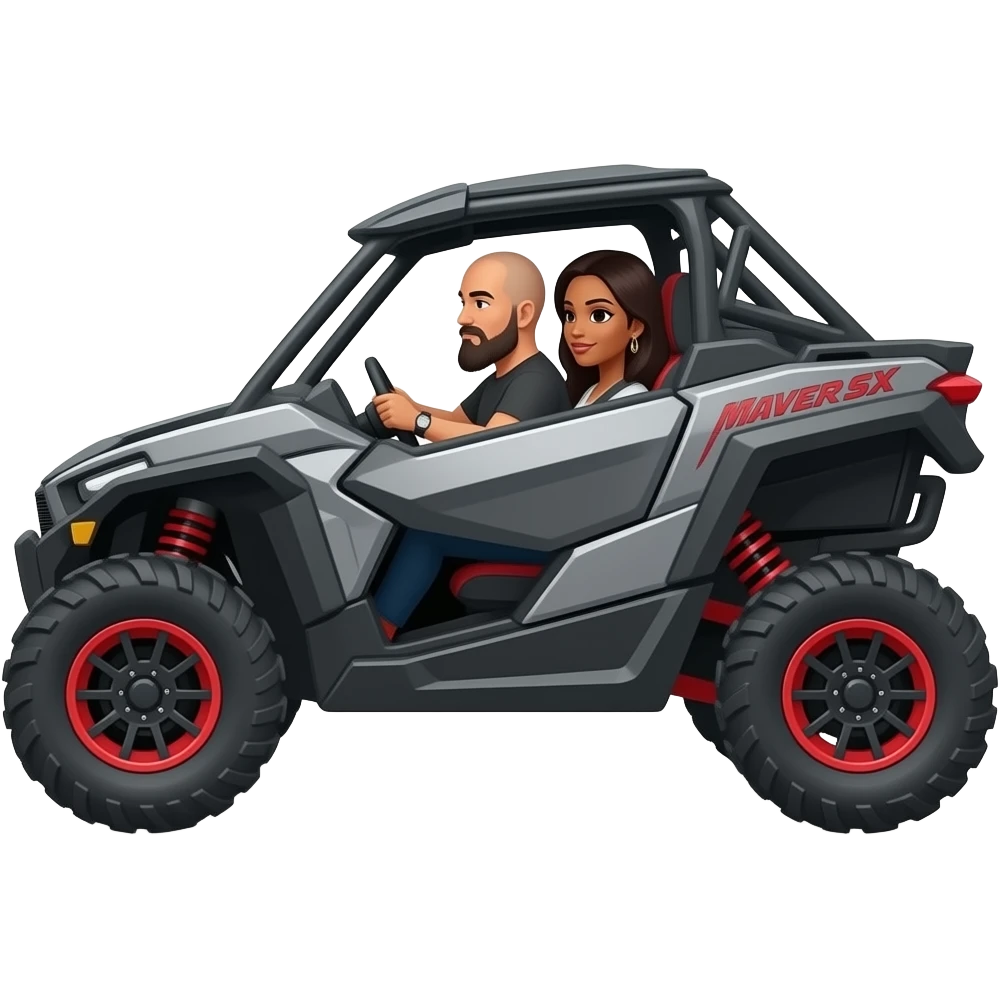 Side view of grey and red can am maverick sxs with guy driving (big bald guy with big beard) and wife in front side seat that’s dark tan with black hair emoji