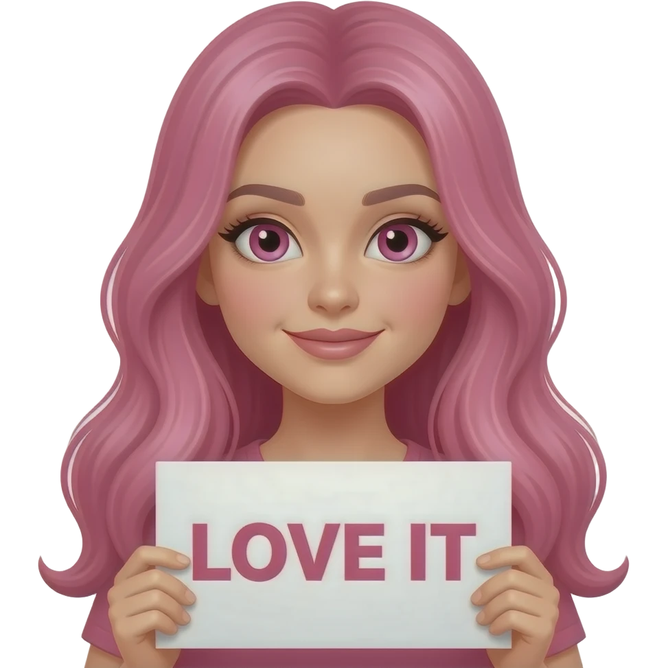 sexy girl with long pink hair and pink eyes wearing a holding a LOVE IT sign emoji