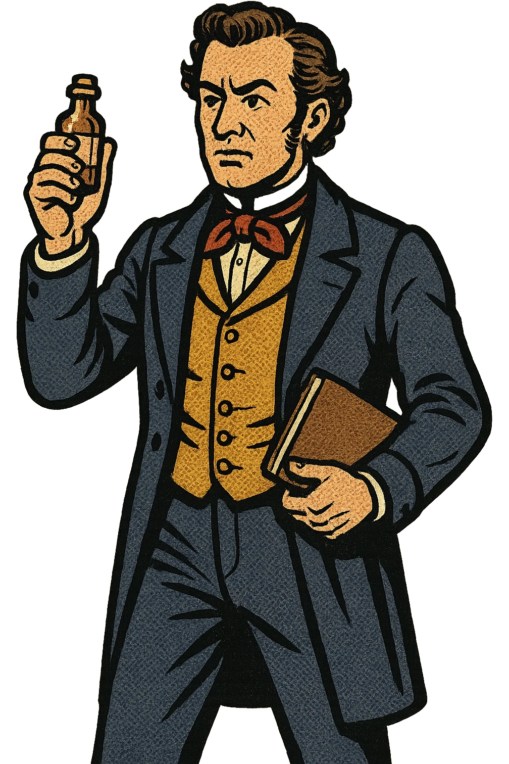 The full body of a male English surgeon from the 1800s holding a small bottle of medicine and a note book emoji