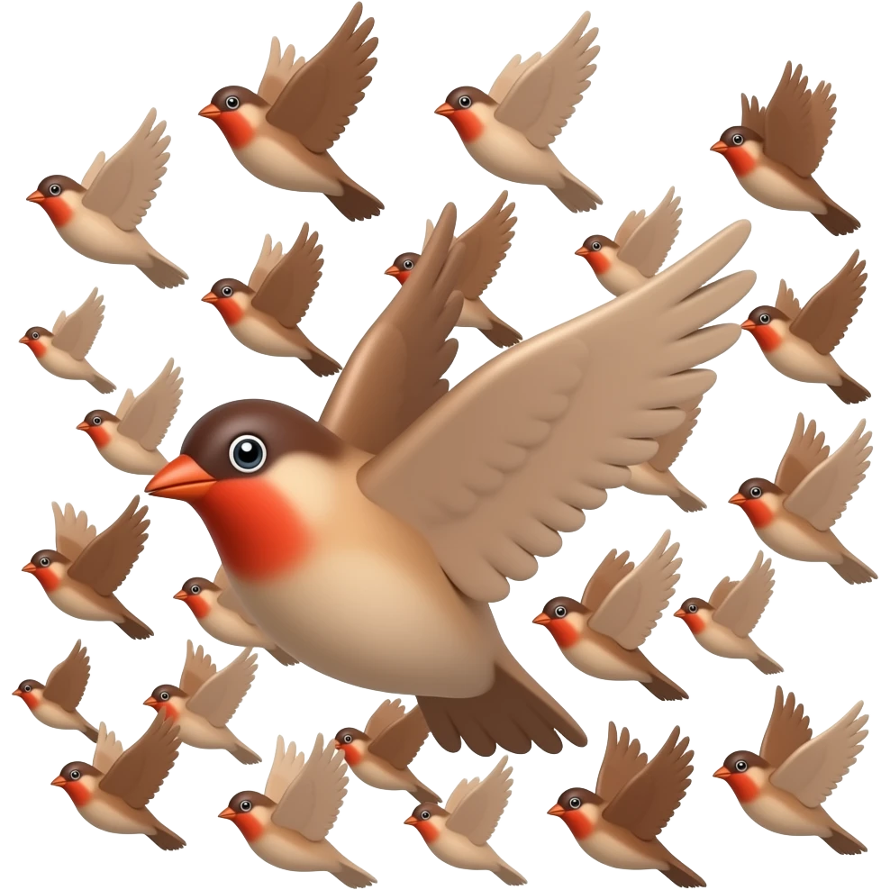 A 3d render iPhone emoji icon of a detailed Brown and red color 3D Render iPhone emojis of a flock of brown and red color songbirds flying in the air emoji