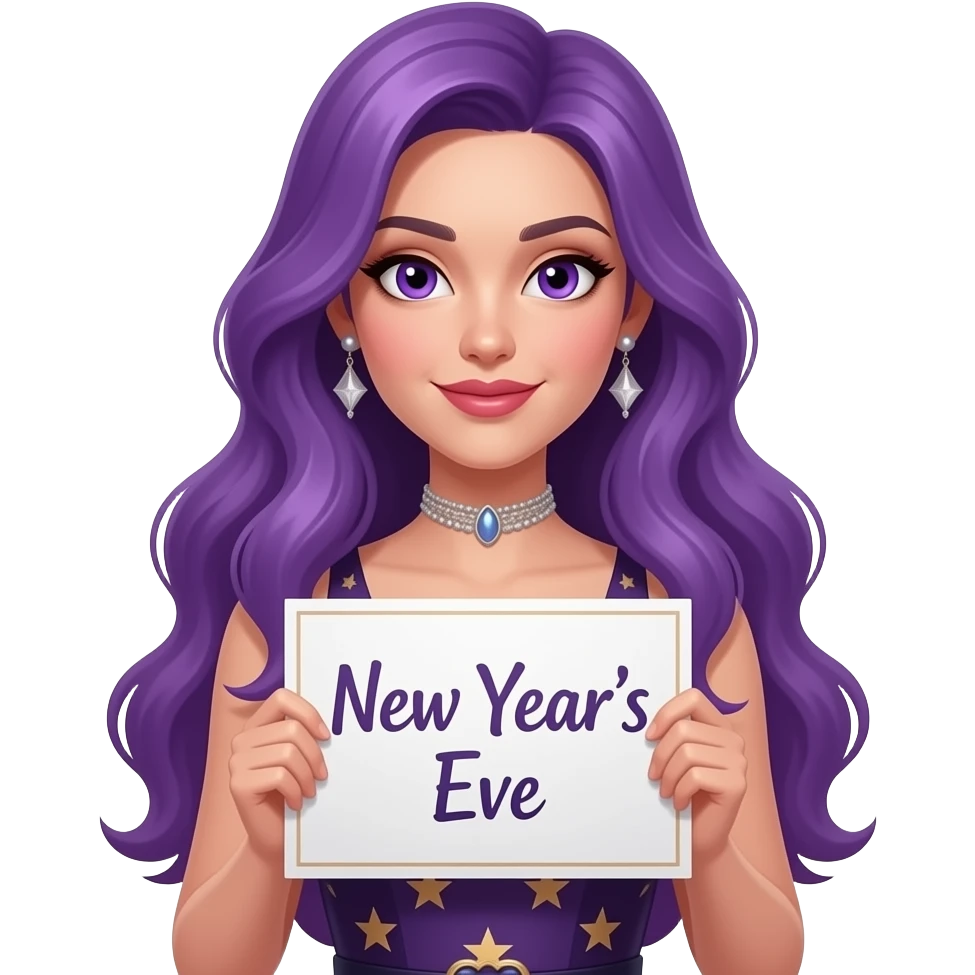sexy girl with long purple hair and purple eyes wearing a new years dress holding a NEW YEARS EVE sign emoji