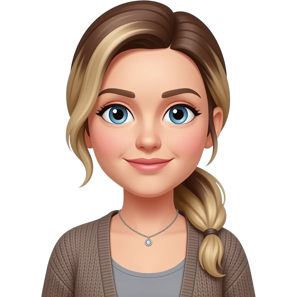 pink cheeks, smaller Blue eyes, light skin, longer brown/blond balage hair pony tail, no plai 38 aged women, cardigan, grey top,small necklace emoji
