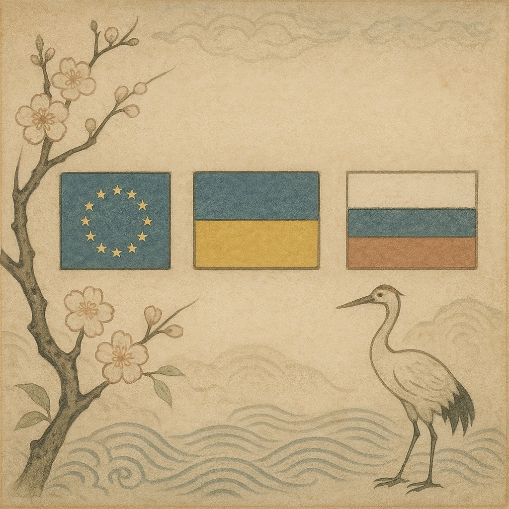 Emoji of the Ukrainian flag in the center, the Russian flag on the right, and the EU flag on the left, in the style of Tsuguharu Foujita emoji