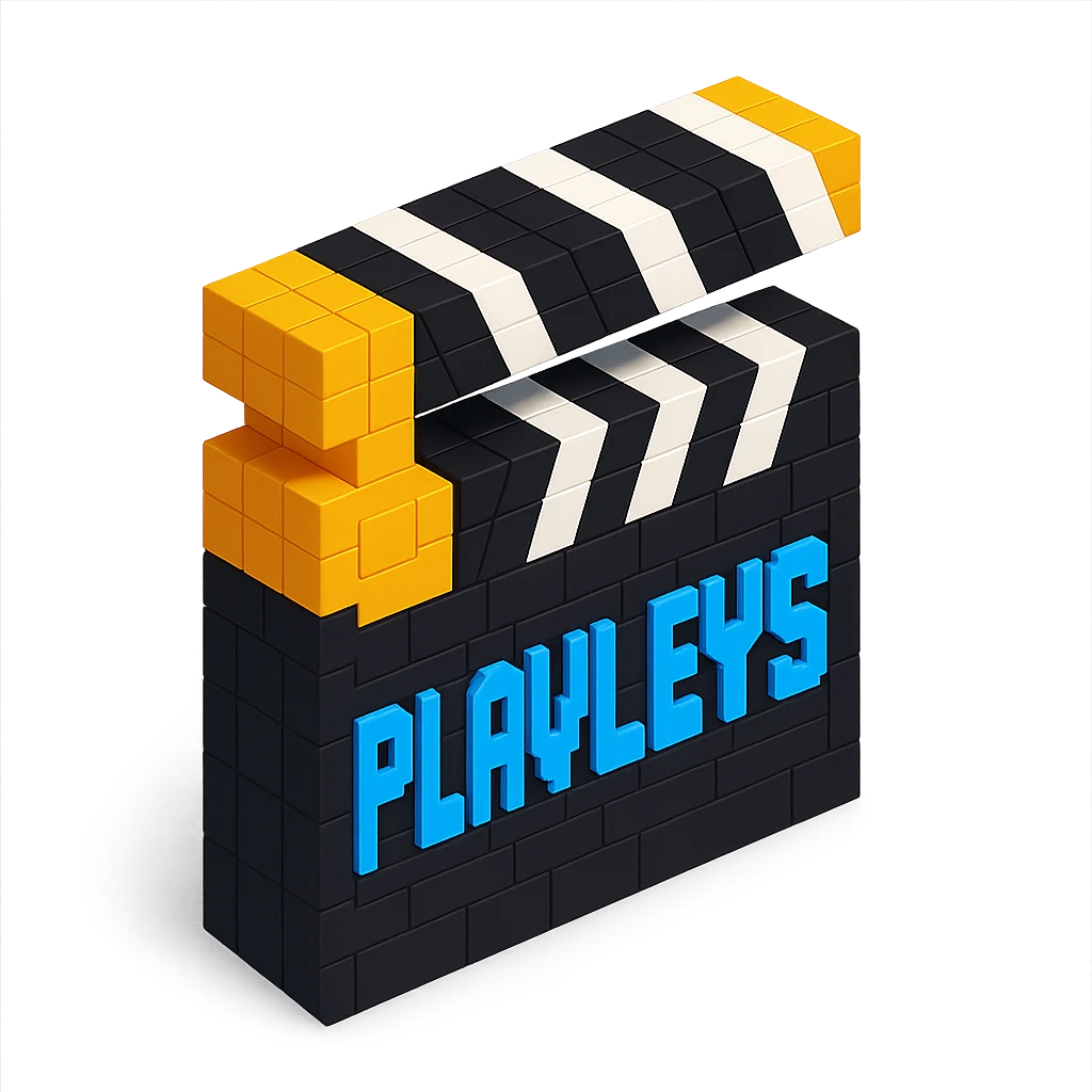 voxel style movie clapperboard with the text 'PLAVLEYS', gold lid, black and white stripes, isometric view emoji