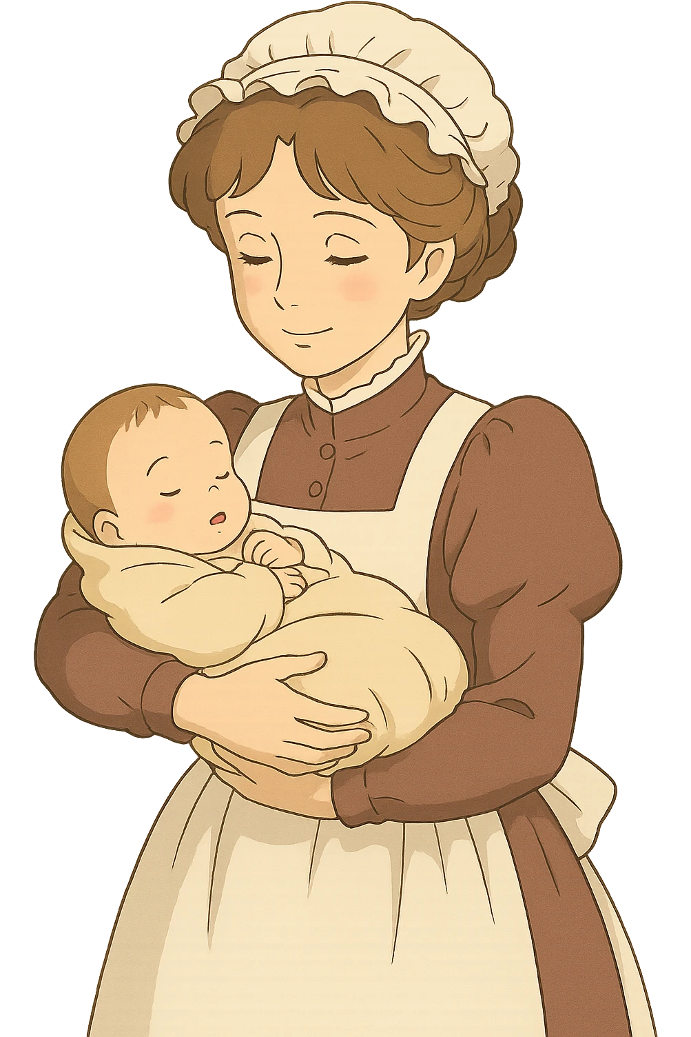 victorian midwife holding a baby with background emoji
