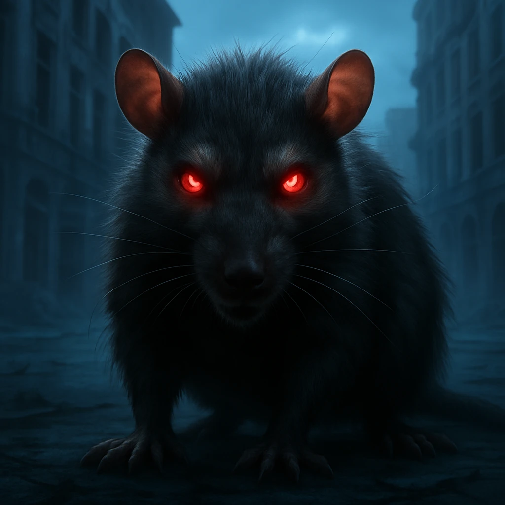Change only the background to be lighter and more eerie, resembling an abandoned city with blue fog. Keep the rat and the square dimensions exactly the same, preserving all original details and style. Maintain the original style and details of the rat and square while editing the background to evoke an eerie abandoned city atmosphere with blue fog. emoji