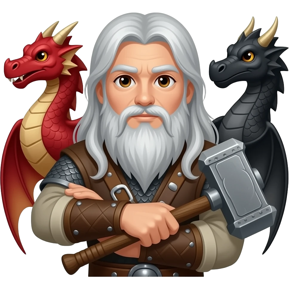 la même image mais les yeux brun et les cheveux et la barbe de couleur argenté. un viking aux cheveux long et une barbe moyenne argenté avec un marteau à deux main sur lequel repose ses deux mains. Ce viking est entre deux dragons, l'un est rouge et l'autre est noir . emoji