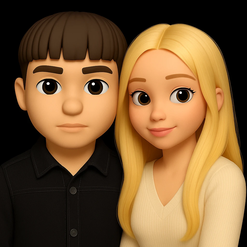 Combine both people from the provided images into one harmonious composition in a 3D emoji style with realistic details, capturing the essence of the original 3D emoji style. emoji