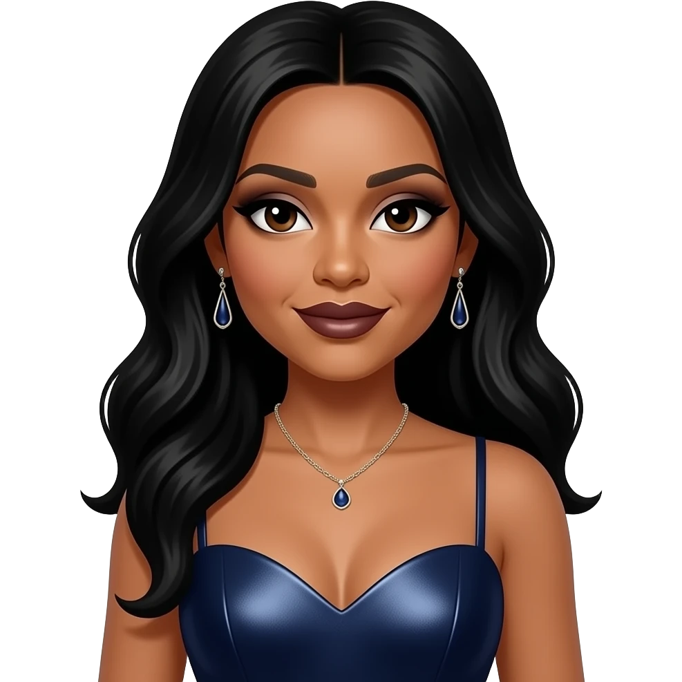 Trina Braxton from The Braxtons with dark brown eyes, long black hair, black eyeshadow, dark brown lipstick, dark indigo metallic sweetheart dress, necklace and earrings emoji