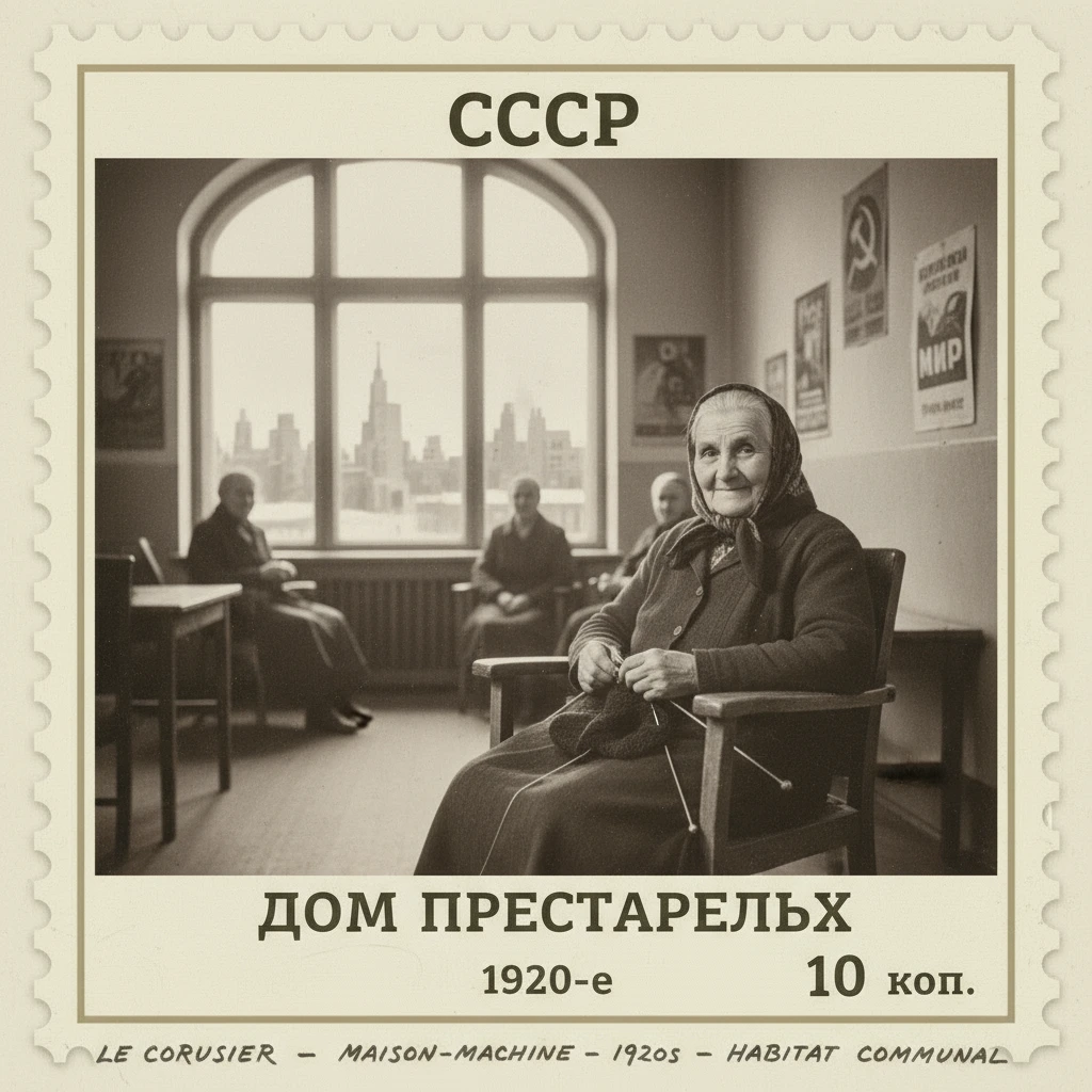 Марка на которой изображена бабушка в доме престарелых. СССР 1920-е годы.

Стиль марки такой же, как на прикрепленном фото emoji