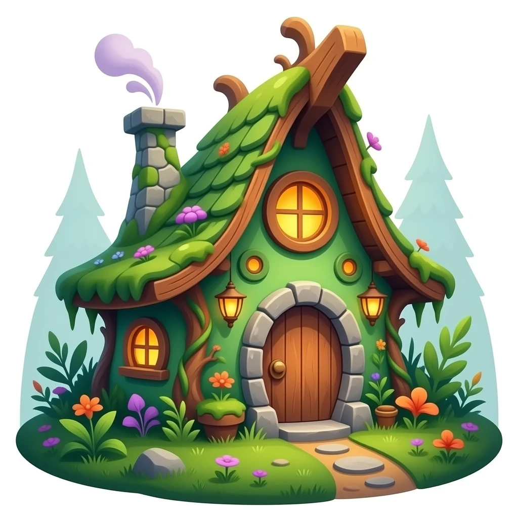 An enchanting fairy cottage in emerald green, mossy tones, and warm amber-orange, with curved organic architecture, climbing vines, petal-like roof details, and subtle violet accents, rendered in a sophisticated botanical fantasy style. emoji