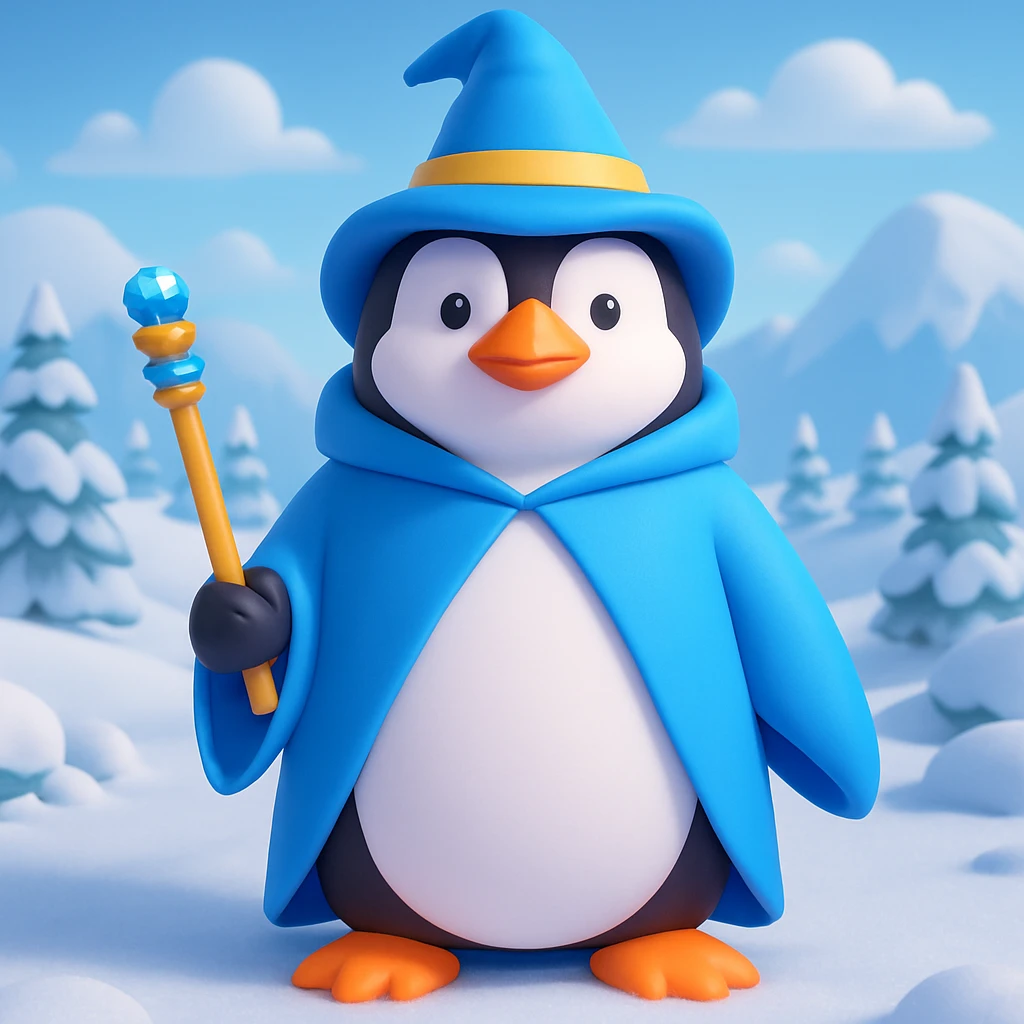 Add a snowy landscape background behind the 3D emoji style penguin wizard, keep all original colors and style. Make it 3D emoji style. emoji