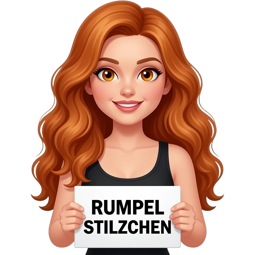 sexy girl with long wavy ginger hair and ginger eyes wearing a black tanktop is holding a white colored sign with RUMPEL STILZCHEN written on it emoji