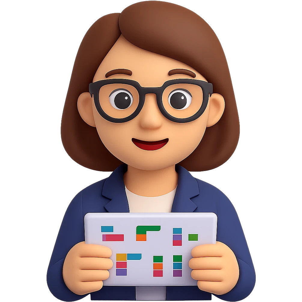 A woman wearing glasses and looking at data, in 3D emoji style, with no background. The style is Microsoft style 3D fluent emojis, colorful and smooth. emoji