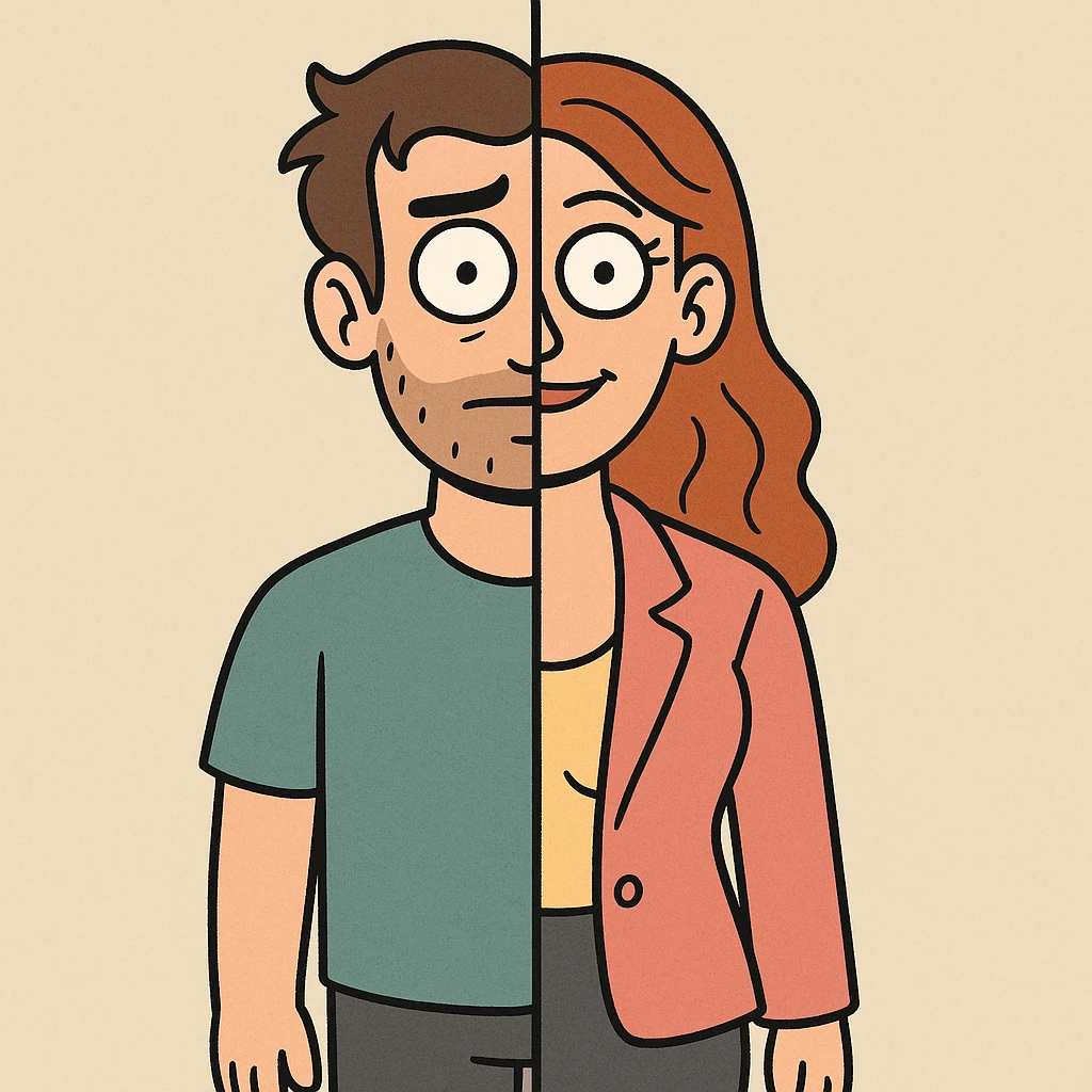 cartoon character with one half male and one half female, distinct clothing and hairstyle on each side, plain minimal background emoji
