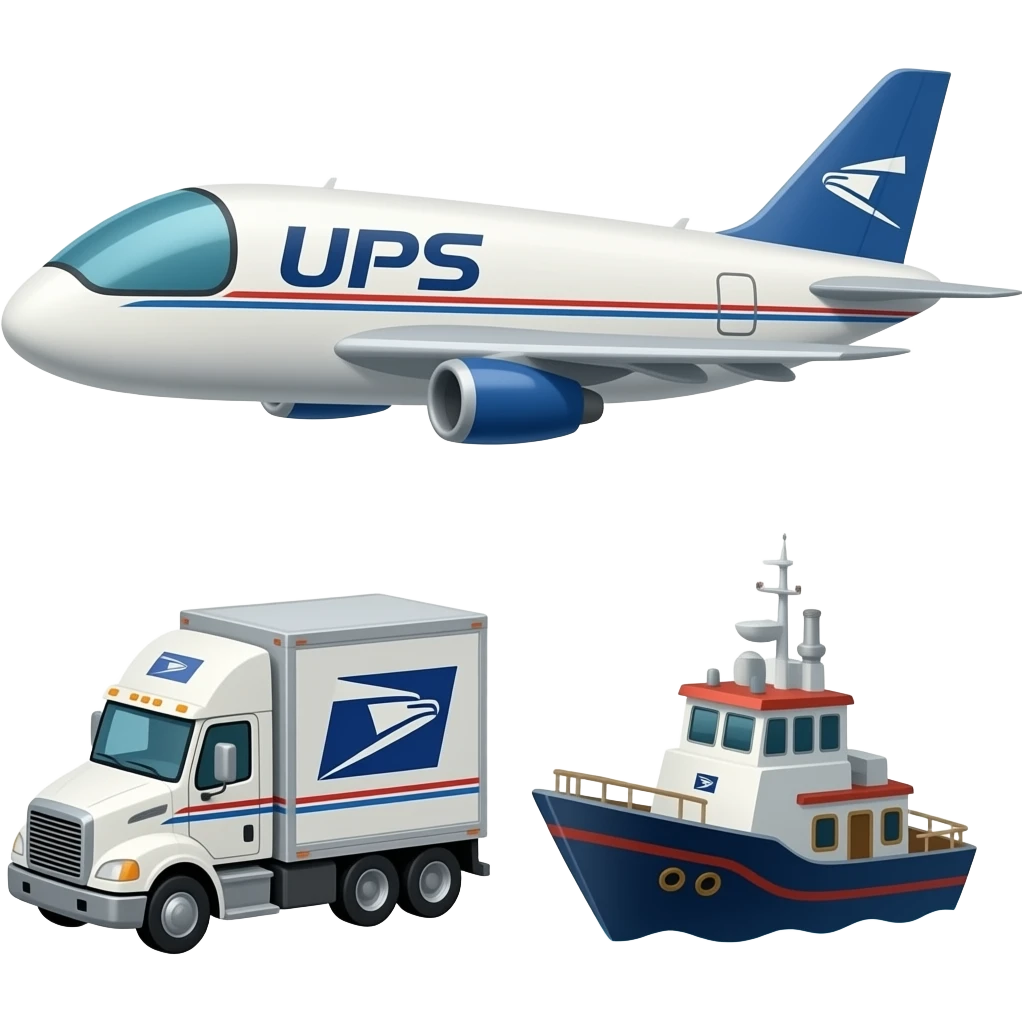 USPS Mail plane, usps mail semi truck, and usps mail boat emoji