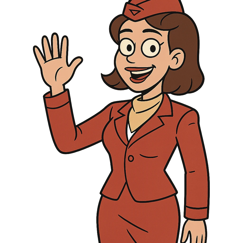 flight attendant in a red uniform, waving, cartoon style, simple background emoji