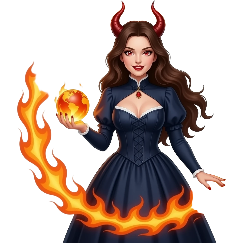 a seductive demonically beautiful woman in a long dark blue Victorian dress with a deep neckline holds a radiant globe in her hand and passes through a ring of fire emoji
