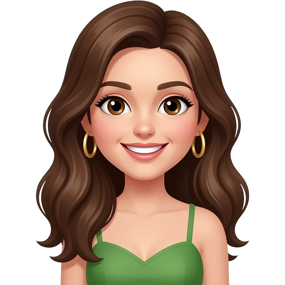 Change earrings in image to gold hoop, https://www.emojis.com/emoji/girl-like-https-www-emojis-com-emoji-emoji-vd96a8gmudc-but-with-light-brown-ha-nuWX2TKEkUR, long brown hair, smile with teeth, brown eyes, green dress emoji
